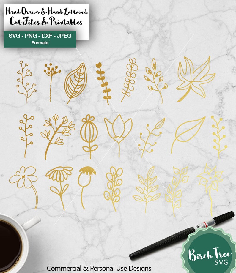 Handdrawn Flowers Svg, Flower Clipart, Leaves Svg, Botanical Elements, Floral Clipart, Cutting file Cricut & Silhouette, Svg,Dxf Png Jpeg image 1