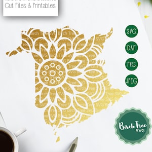 May include: A gold outline of the Canadian province of Manitoba with a mandala design inside. The image is on a white background with text that says "Hand Drawn & Hand Lettered Cut Files & Printables" and "Commercial & Personal Use Designs". The image also includes a green circle with the text "Birch Tree SVG" in white.