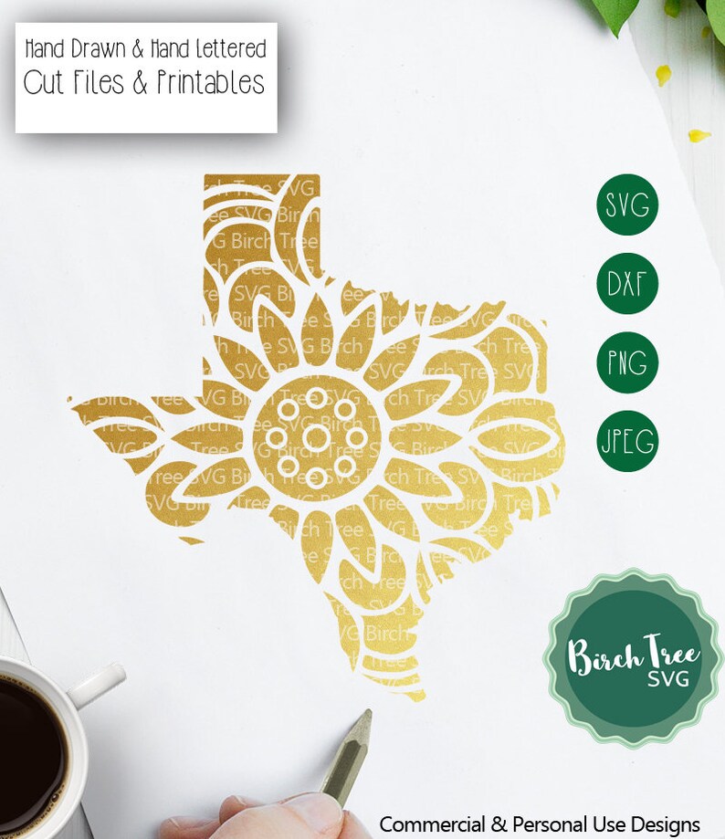 Puede incluir: Un contorno dorado del estado de Texas con un dise&ntilde;o de mandala en su interior. La imagen incluye el texto "Hand Drawn & Hand Lettered Cut Files & Printables" y "Commercial & Personal Use Designs".