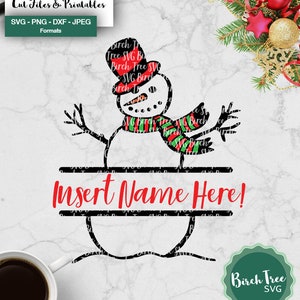 May include: A black and white hand-drawn illustration of a snowman wearing a red hat and a green and red striped scarf. The snowman is holding out its arms and has a blank space for a name. The text "Insert Name Here!" is written in red letters below the snowman.