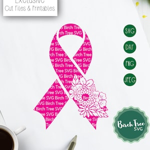 Floral Cancer Ribbon Svg, Pink Ribbon Svg, Cancer Svg, Pink Ribbon with Flowers Svg, Breast Cancer Svg, Cancer Awareness, In Memory of Svg
