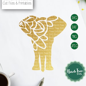 May include: A gold silhouette of an elephant with a detailed design of birch tree branches. The image includes the text "Birch Tree SVG" and file formats available for download: SVG, DXF, PNG, and JPEG.