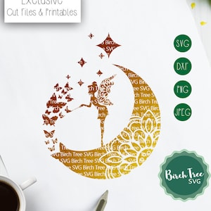 Fairy and Moon Mandala SVG Cut File, Mariposas Svg Mandala Moon SVG, Fairy Mandala Svg, Moon Stencil Svg para Cricut Silhouette png dxf svg