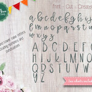 K&ouml;nnte beinhalten: Ein digitaler Download eines handgeschriebenen Alphabet-Schriftzugs in Gro&szlig;- und Kleinbuchstaben. Die Schriftart ist ein l&auml;ssiger Skriptstil in grauer Farbe auf einem Holzmaserungshintergrund. Der Text "Print - Cut - Create!" befindet sich oben im Bild. Der Text "See what's included!" befindet sich unten im Bild.