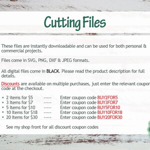 K&ouml;nnte beinhalten: Ein wei&szlig;er Hintergrund mit gr&uuml;nem Text, der "Cutting Files" lautet. Der Text beschreibt die digitalen Dateien, die zum Download in den Formaten SVG, PNG, DXF und JPEG verf&uuml;gbar sind. Der Text erw&auml;hnt auch, dass die Dateien in Schwarz verf&uuml;gbar sind und dass Rabatte f&uuml;r mehrere K&auml;ufe verf&uuml;gbar sind. Der Text listet die Rabattcodes f&uuml;r jede gekaufte Menge auf.