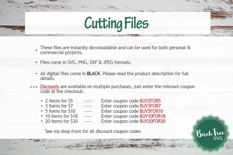 K&ouml;nnte beinhalten: Ein wei&szlig;er Hintergrund mit gr&uuml;nem Text, der "Cutting Files" lautet. Der Text beschreibt die digitalen Dateien, die zum Download in den Formaten SVG, PNG, DXF und JPEG verf&uuml;gbar sind. Der Text erw&auml;hnt auch, dass die Dateien in Schwarz verf&uuml;gbar sind und dass Rabatte f&uuml;r mehrere K&auml;ufe verf&uuml;gbar sind. Der Text listet die Rabattcodes f&uuml;r jede gekaufte Menge auf.
