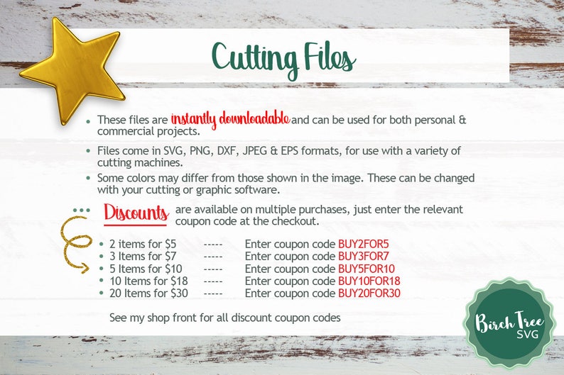 K&ouml;nnte beinhalten: Eine Grafik mit einem goldenen Stern und dem Text "Cutting Files". Der Text erkl&auml;rt, dass die Dateien sofort heruntergeladen werden k&ouml;nnen und sowohl f&uuml;r private als auch f&uuml;r kommerzielle Projekte verwendet werden k&ouml;nnen. Die Dateien sind in den Formaten SVG, PNG, DXF, JPEG & EPS verf&uuml;gbar, zur Verwendung mit einer Vielzahl von Schneidemaschinen. Die Grafik enth&auml;lt auch eine Liste von Rabatten f&uuml;r Mehrfachk&auml;ufe mit Gutscheincodes f&uuml;r jeden Rabatt.