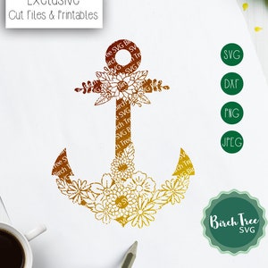 Floral Anchor Svg, Nautical Svg, Sailing Svg, Mandala SVG Beach Svg, Summer Svg, Zentangle Anchor Svg for Cricut Silhouette png dxf jpeg svg