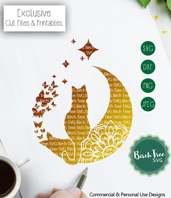 Download Cat Sitting On Moon Svg Mandala Cut File Butterflies Svg Etsy