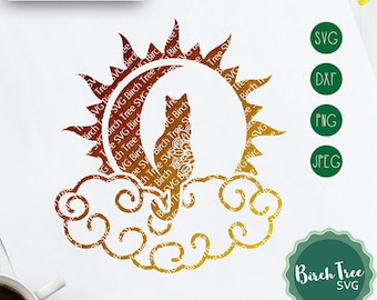 Gato y nubes Mandala SVG Cut File, Gatito Svg Mandala Moon SVG, Cat Mandala Svg, Sun Moon Stencil Svg para Cricut Silhouette png dxf svg