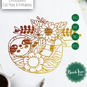 Sloth Zentangle SVG, Sloth Mandala Svg Cut File, Hanging Sloth Decal Design, Flowers Svg Files for Cricut Silhouette png dxf jpeg svg