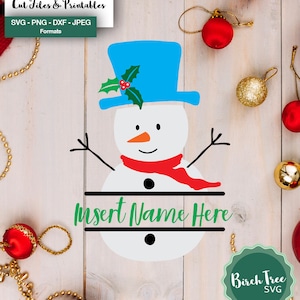 May include: A white snowman with a blue hat, red scarf, and a holly sprig on the hat. The snowman has a carrot nose, black eyes, and a black mouth. The snowman is on a wooden background with gold and red ornaments. The text "Insert Name Here" is written below the snowman.