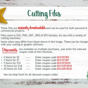 May include: A graphic with a gold star and text that reads "Cutting Files". The text explains that the files are instantly downloadable and can be used for both personal and commercial projects. The files come in SVG, PNG, DXF, JPEG & EPS formats, for use with a variety of cutting machines. The graphic also includes a list of discounts for multiple purchases, with coupon codes for each discount.