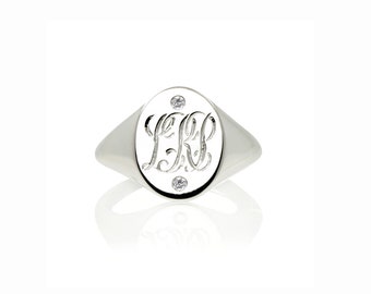 Anillo de sello con iniciales y diamantes – Plata / Anillo grabado / Anillo de sello con iniciales / Anillo con monograma / Anillo personalizado / Anillo personalizado