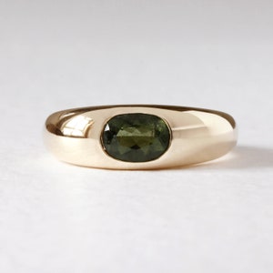 Meteorite Bombe Ring - Silver/Gold, gold signet ring, gold pinky ring, moldavite ring, statement ring, cocktail ring, green gemstone ring