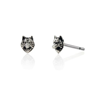 May include: A pair of silver wolf head stud earrings. The wolf heads are facing forward and have a detailed design.