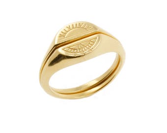 Sun and Moon Signet Rings - Solid Gold| gold sun and moon ring, unique matching rings, sun and moon wedding bands, celestial ring