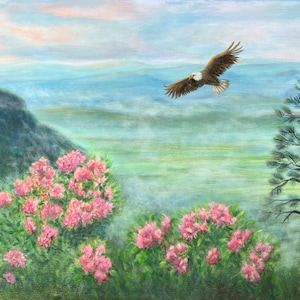 May include: A painting of a bald eagle flying over a mountain range with pink rhododendron flowers in the foreground. The sky is a soft blue with wispy clouds. The mountains are covered in a light mist.
