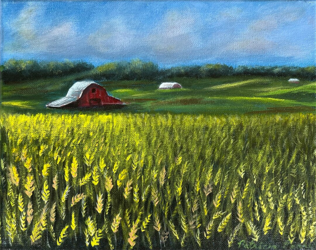 Red Barn in a Wheat Field With a Blue Sky: an Original Acrylic Painting ...