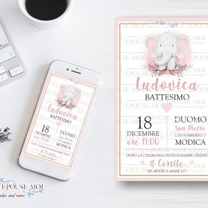 Invito digitale Battesimo, Digital Baptism Party Invitation elephant, Printable Invite , invito whatsapp. Festa tema elefantino