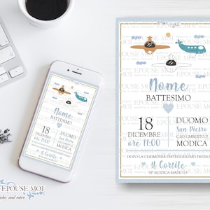 Invito digitale Battesimo, Digital Baptism Party Invitation aereoplanino, Printable Invite , invito whatsapp. Festa tema maschietto