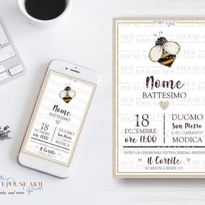 Invito digitale Battesimo, Digital Baptism Party Invitation BEE, Printable Invite , invito whatsapp. Festa tema APE
