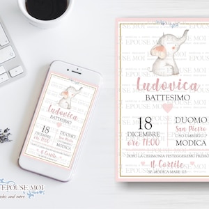 Invito digitale Battesimo, Digital Baptism Party Invitation elephant, Printable Invite , invito whatsapp. Festa tema elefantino