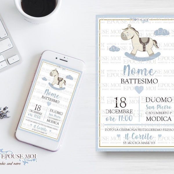 Digital Invitation Baptism, Digital Baptism Party Invitation cheval, Printable Invite, whatsApp invitation. Fête à thème de cheval de bascule