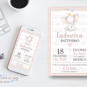 Invito digitale Battesimo, Digital Baptism Party Invitation elephant, Printable Invite , invito whatsapp. Festa tema elefantino