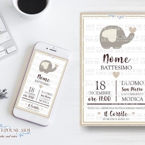 Invito digitale Battesimo, Digital Baptism Party Invitation elephant, Printable Invite , invito whatsapp. Festa tema elefantino
