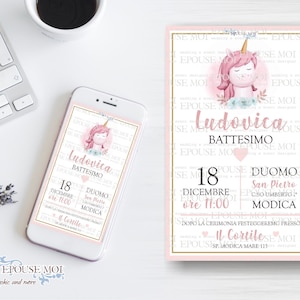 Invito digitale Battesimo, Digital Baptism Party Invitation CUTE unicorn, Printable Invite , invito whatsapp. Festa tema unicorno