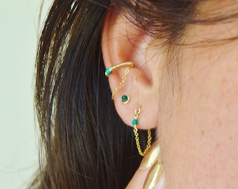 Boucles d'oreilles chaînettes minimalistes en or rempli 14k et Malachite