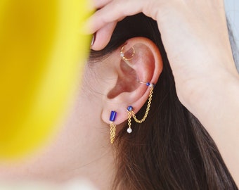 Double chip ear cuff and cuff in 14k gold filled, lapis lazuli and freshwater pearl