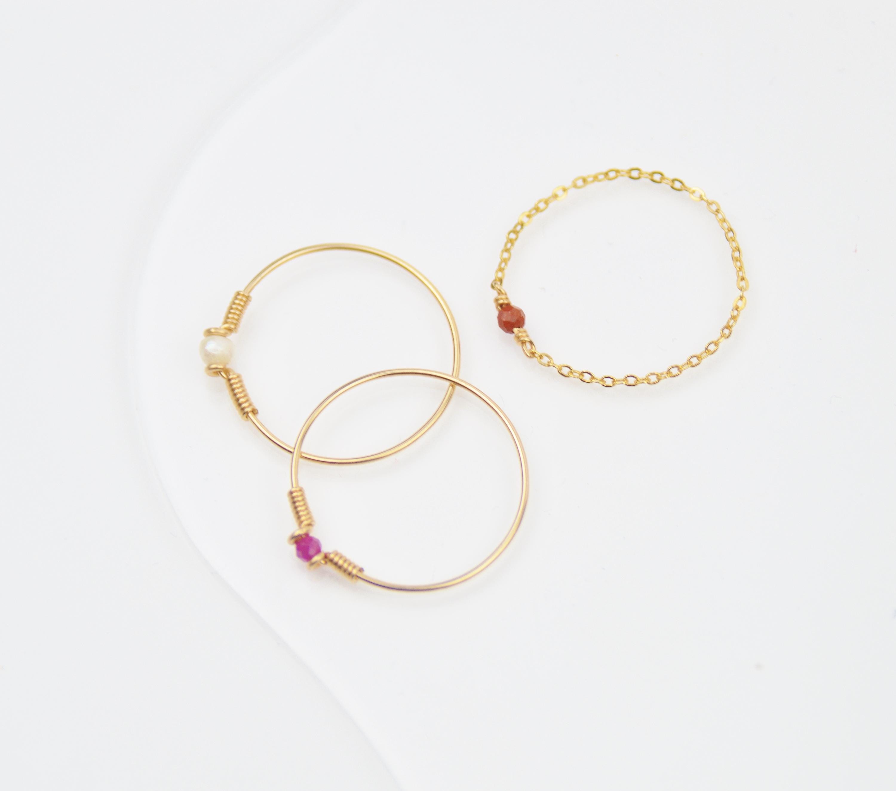 Trio of minimalist stackable thin rings in 14k gold filled - Pink Ruby, Red Jasper and Freshwater Pearl