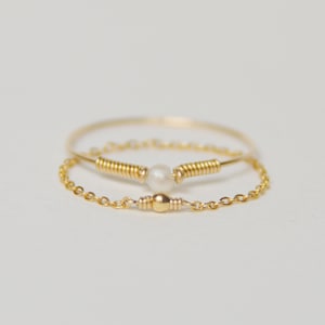 Duo of Minimalist Stackable Rings in 14k Gold Filled and Freshwater Pearl
