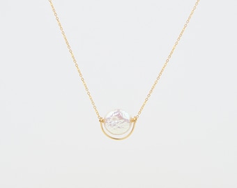Fine 14k gold filled necklace, oval pearly pearl pendant and gold arch