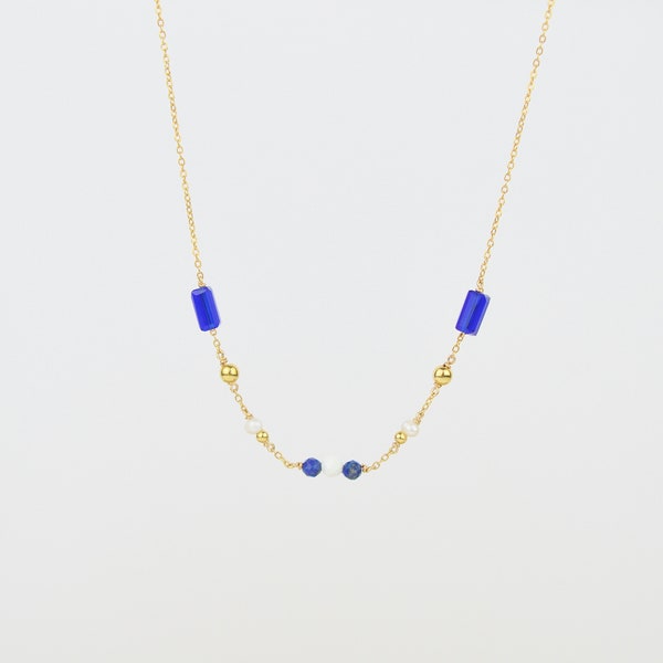 Collier fin multi-pierres en or rempli 14k, perle d'eau douce et lapis lazuli