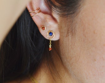 Puces d'oreilles minimalistes cercle d'or rempli 14k petite chaîne Jaspe et Lapis Lazuli