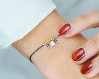 Fine and minimalist bracelet in jade thread, 14k gold filled, lapis lazuli and freshwater pearl