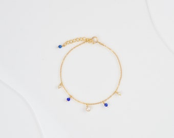 Bracelet fin en or rempli 14k pendentifs Lapis lazuli et perle d'eau douce