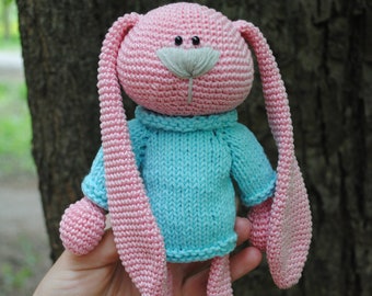 Bunny in a sweater crochet handmade toy, Amigurumi crochet toy, Handmade crochet bunny pink color