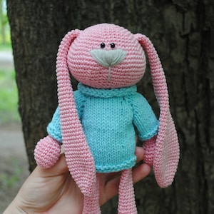 Bunny in a sweater crochet handmade toy, Amigurumi crochet toy, Handmade crochet bunny pink color