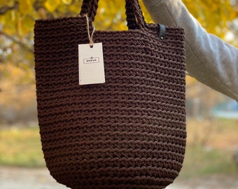 Handmade tote bag, Shopper brown color, Crochet Bag, Handmade Knitted Handbag, Reusable bag Brown color bag Shopper, Handmade gift for her