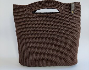 Handmade Tote Bag, Shopper tote brown color, Crochet handbag silver color Crochet clutch bag, Foldover clutch bag, Handmade gift for her