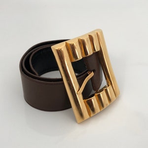 Karl Lagerfeld Vintage Belt / Large Gold Belt Buckle and Brown Leather Belt Made In France 1980.