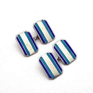 Art Deco Cufflinks Stripped Blue Enamel Silver