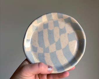 Blue and white checkered clay small plate
