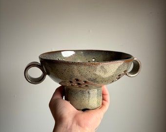 Tall foot colander with moss glaze and loop handles