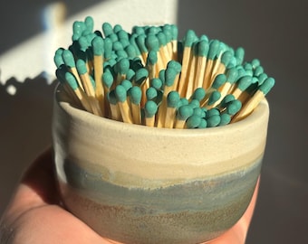 Cool tone ceramic match holder with hand dipped teal matches
