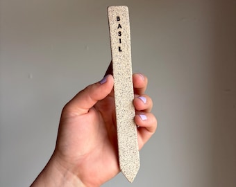 MADE TO ORDER: Stoneware herb stakes - sparkle grey with glossy black horizontal text